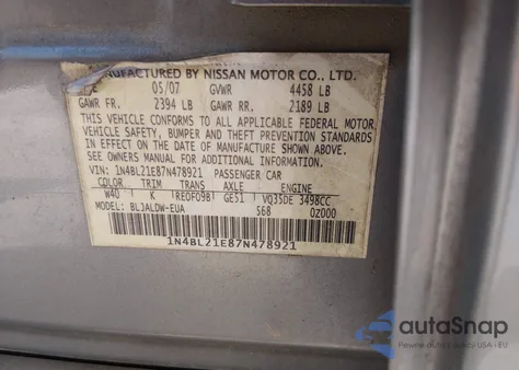 2007 Nissan Altima 3.5 Se z USA, uszkodzony, nr VIN 1N4BL21E87N478921